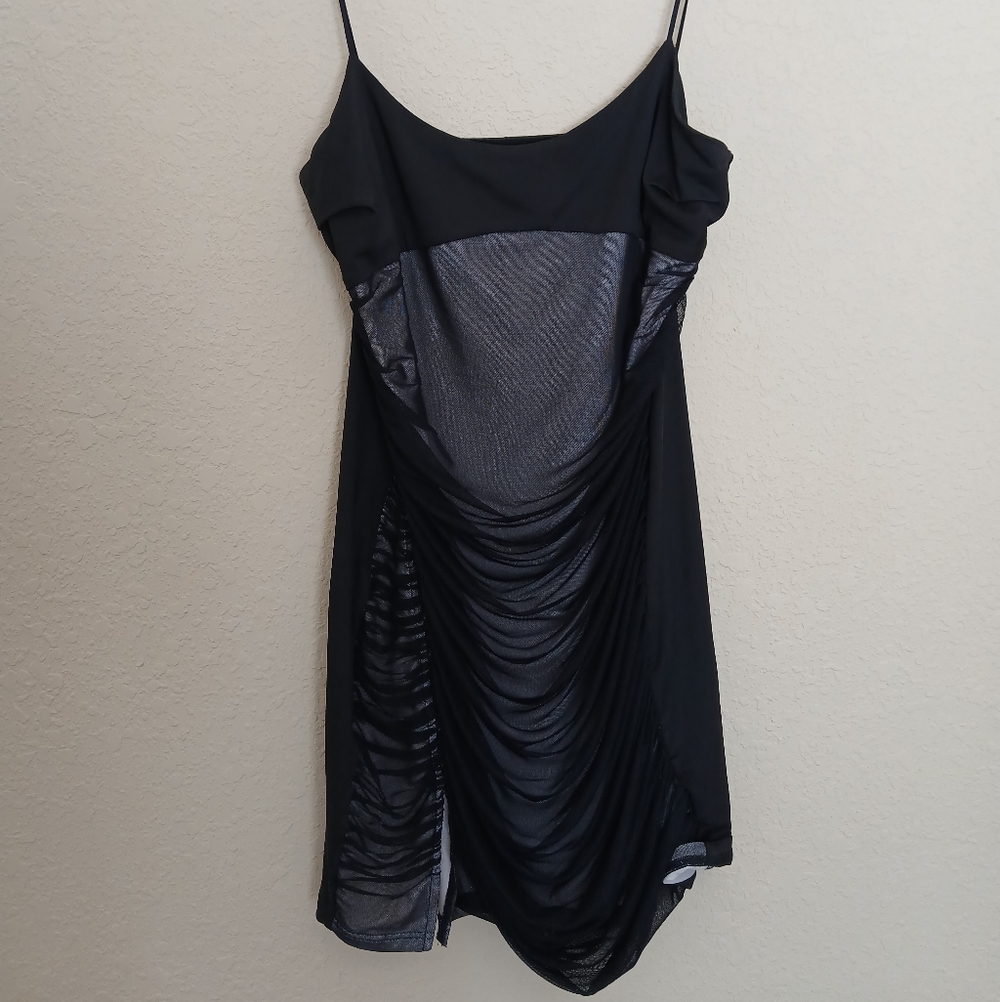 Cider Black Mini Dress Sheer Ruched Overlay Size XL